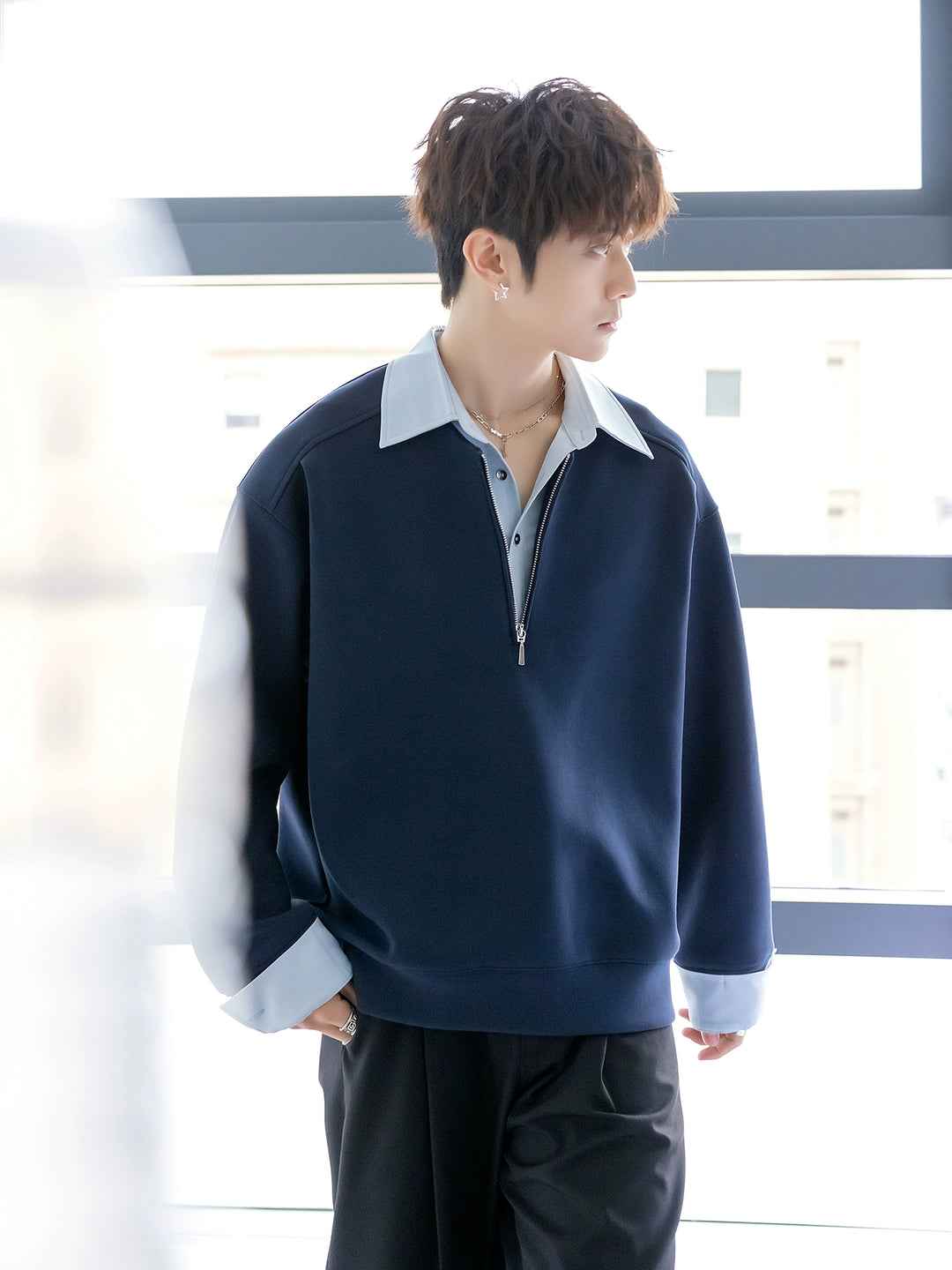 Lapel zzip-up Pullover