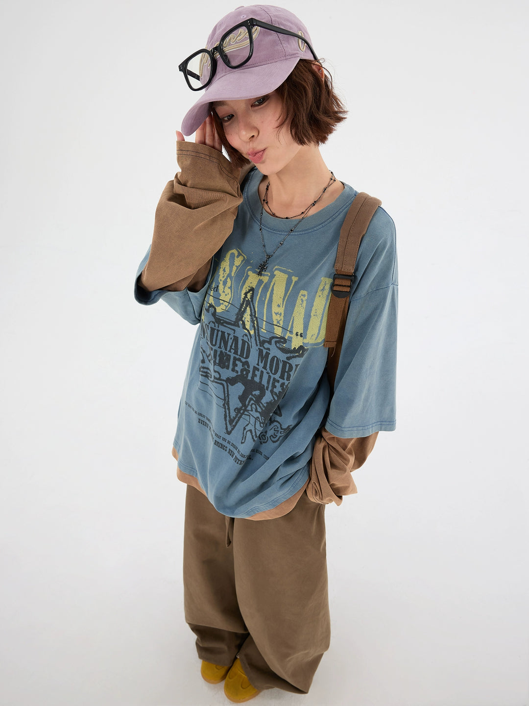 Distressed Graffiti Print Layered Pullover