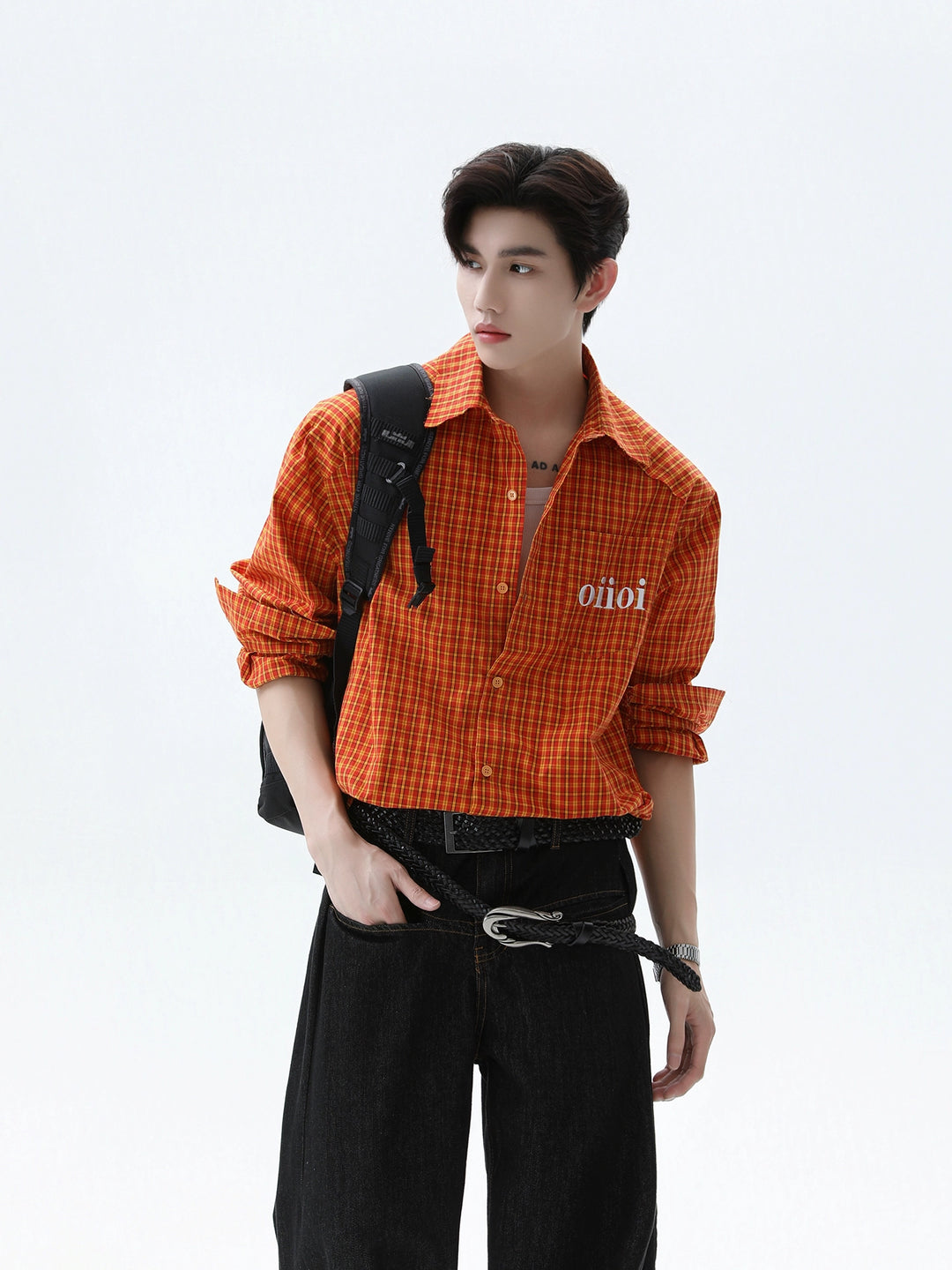 Geruite Lapel Shirt Rauwe Rand Ontwerp