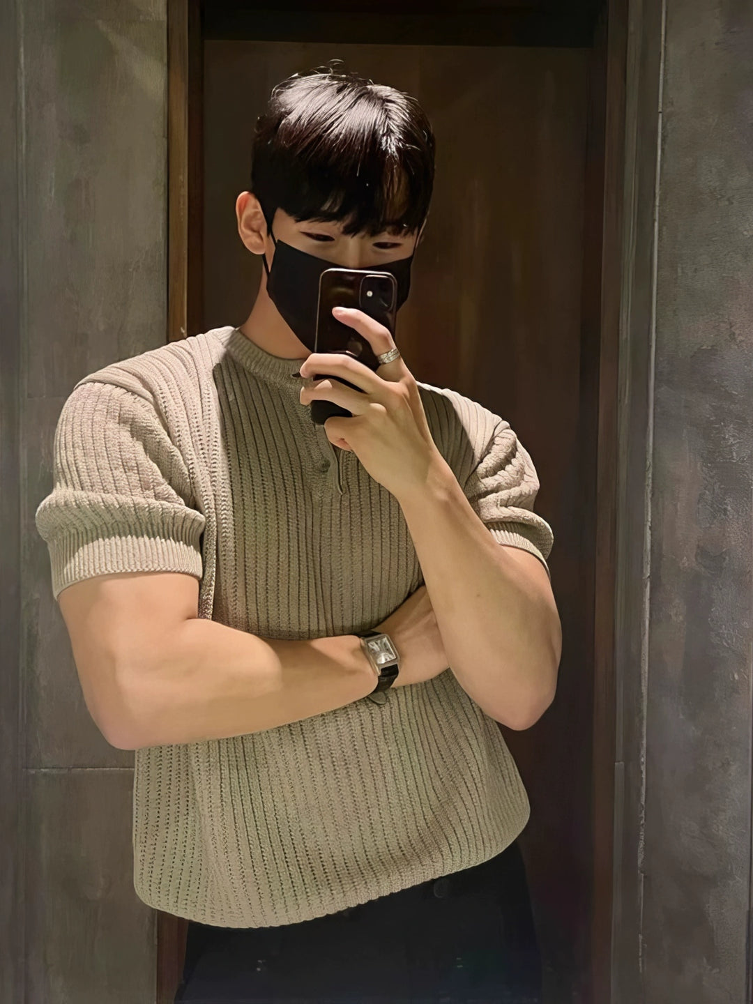 Knitted Henley Collar Short Sleeve Pullover