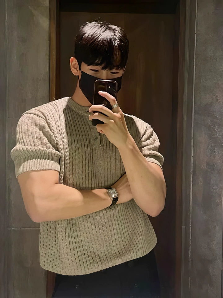 Knitted Henley Collar Short Sleeve Pullover