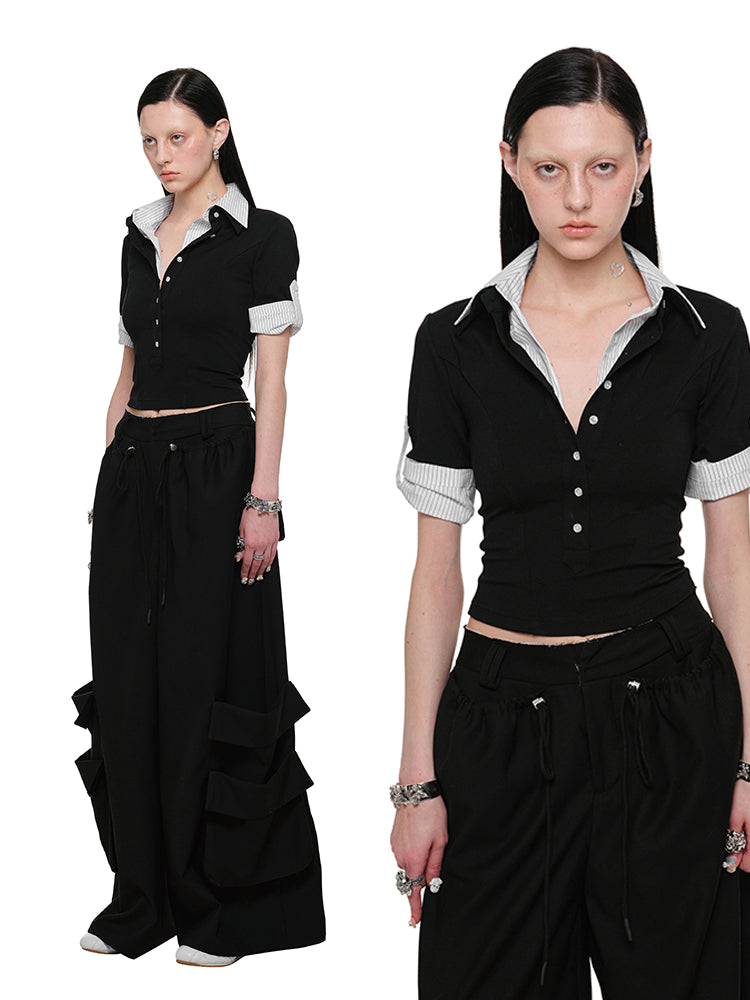Two-Piece Spliced Polo Collar Top