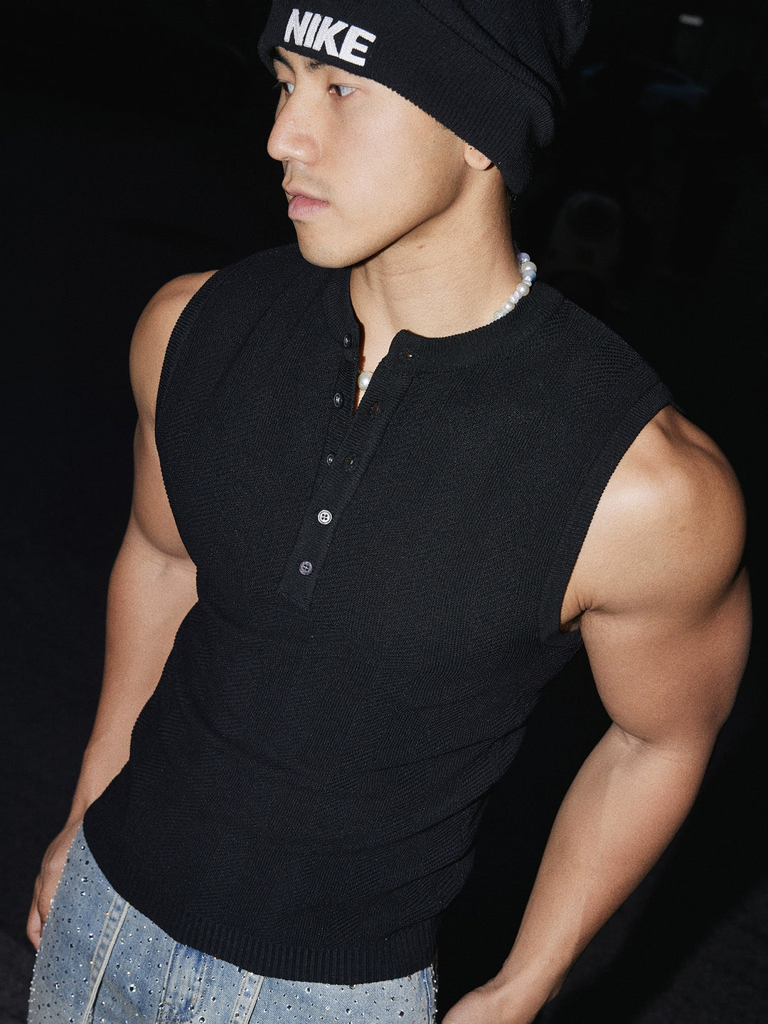 Henley Collar Sleeveless Knit Vest