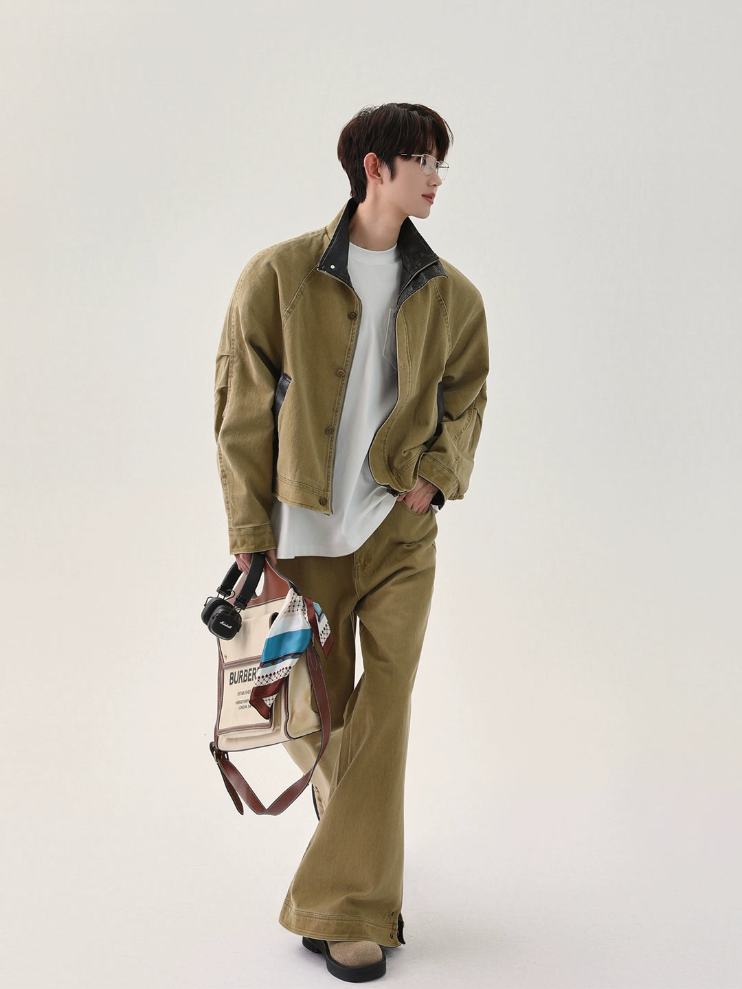 PU Leather Patchwork Denim Jacket and Pants