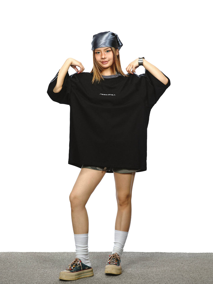 줄무늬 스티칭 루즈 반팔 터틀넥