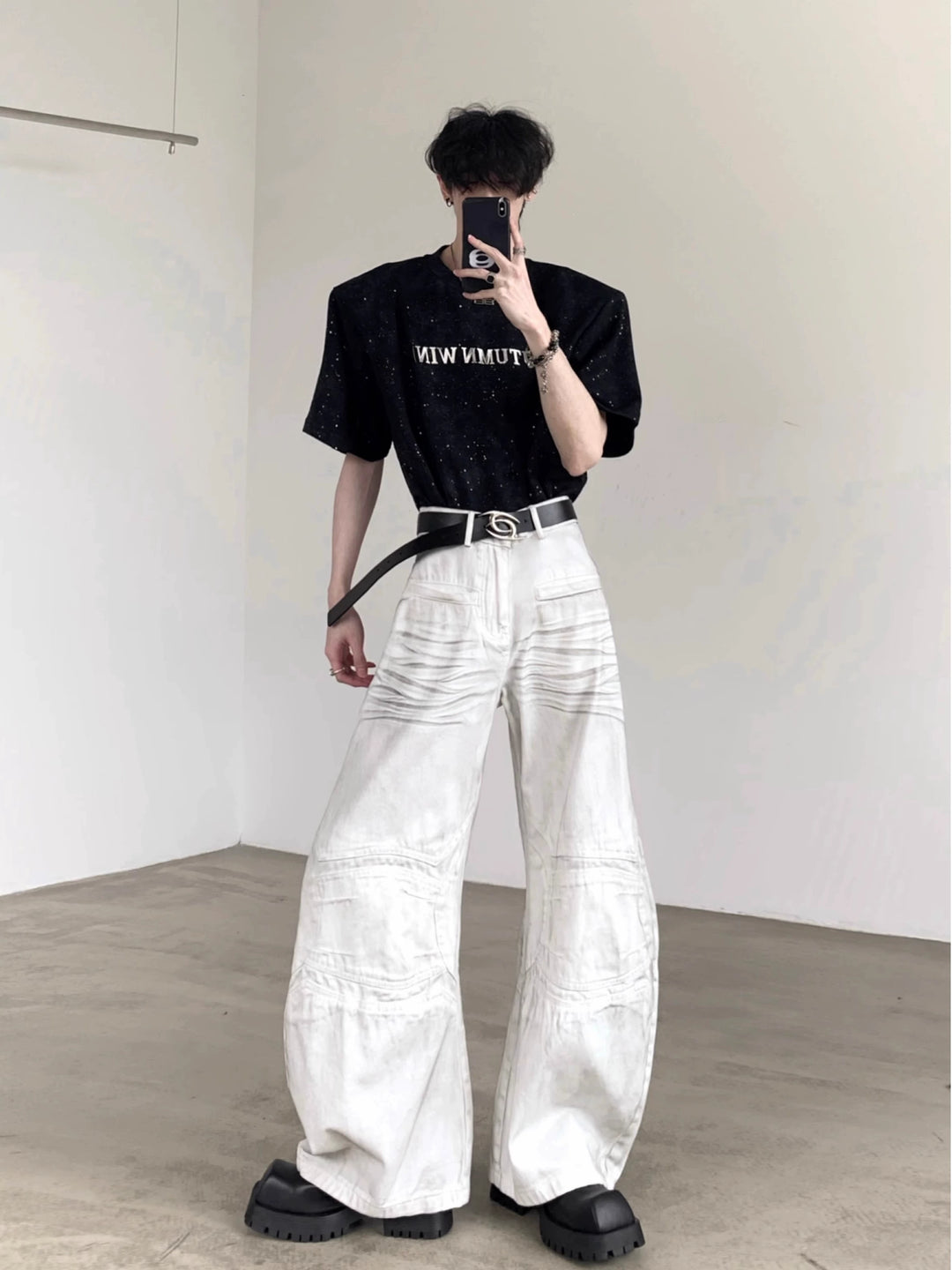Metal Design Shoulder Pad Short Sleeve Pullover
