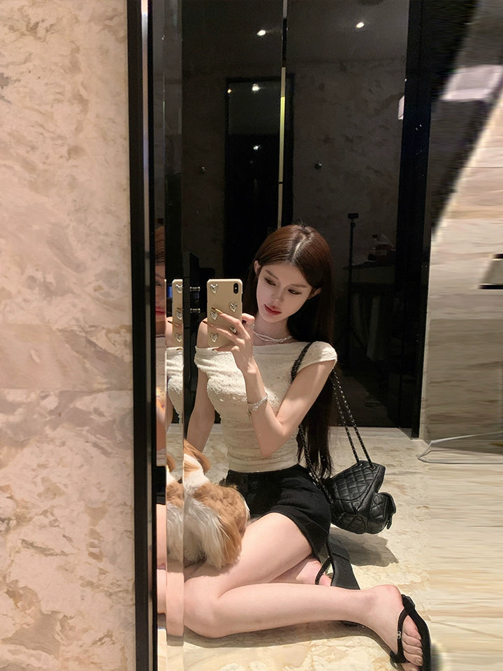 Lace Off Shoulder Fitted Short Sleeve Top