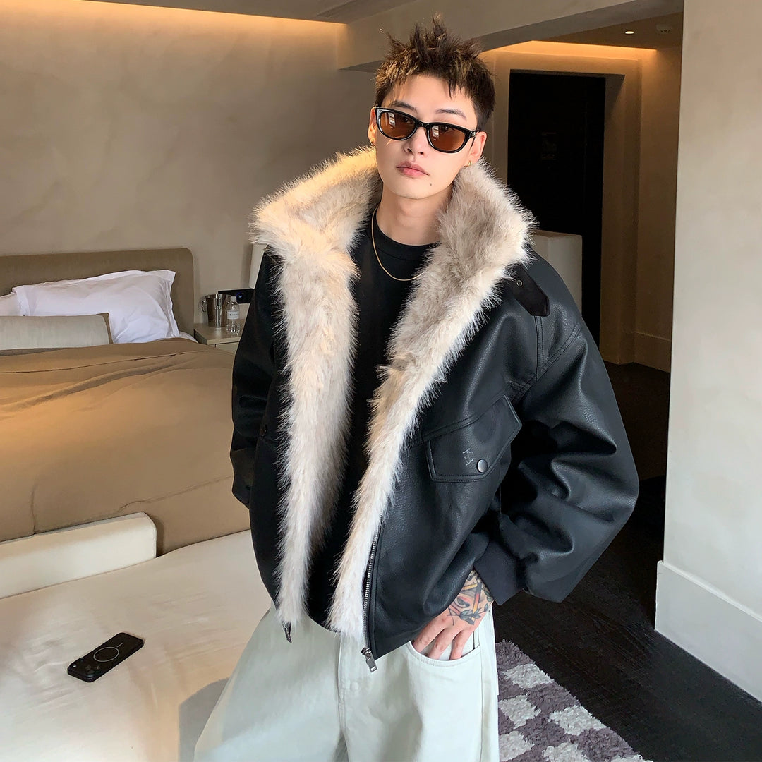 Faux Fur Collar Leather Jacket