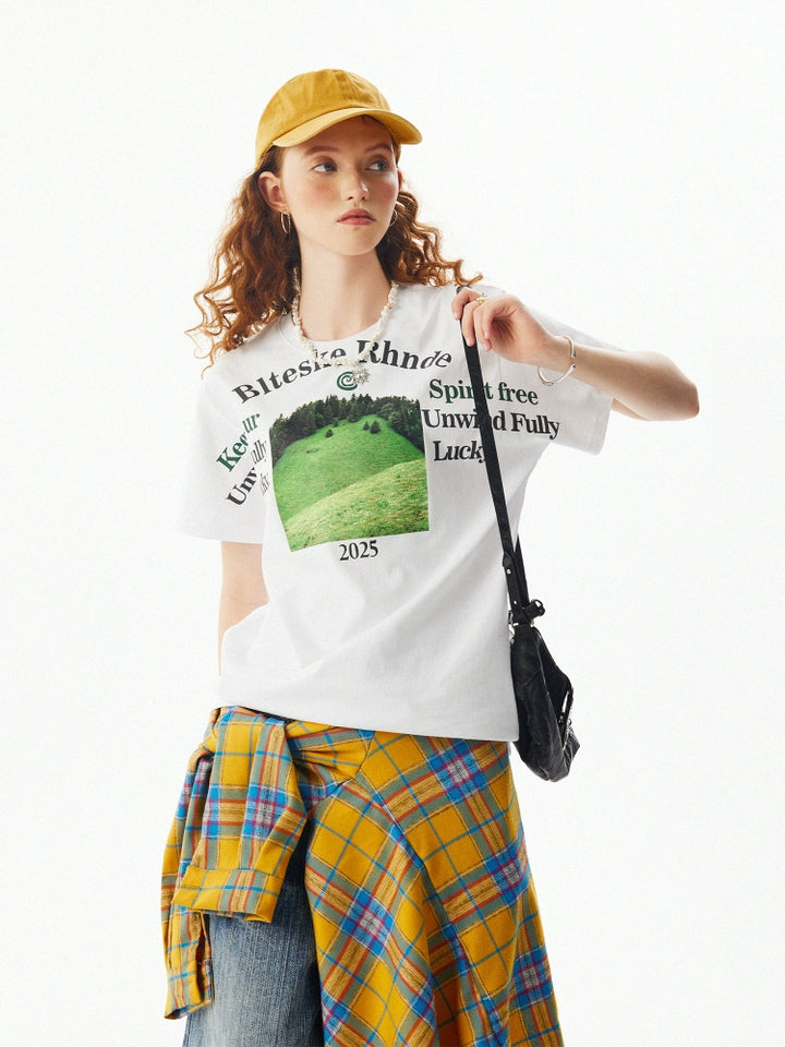 風景プリントショートスリーブカジュアルTシャツ