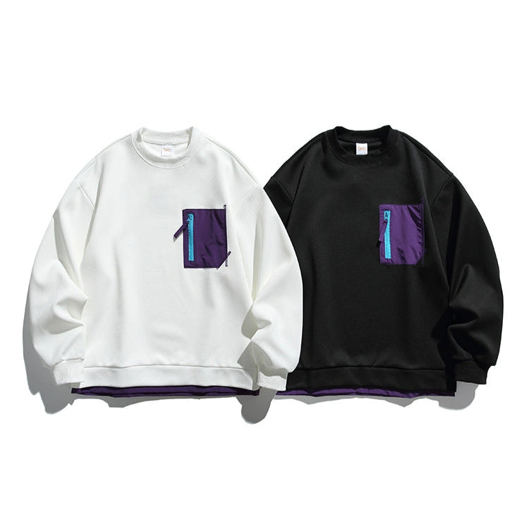 Waffle Knit Zipper Pocket Crewneck Sweatshirt