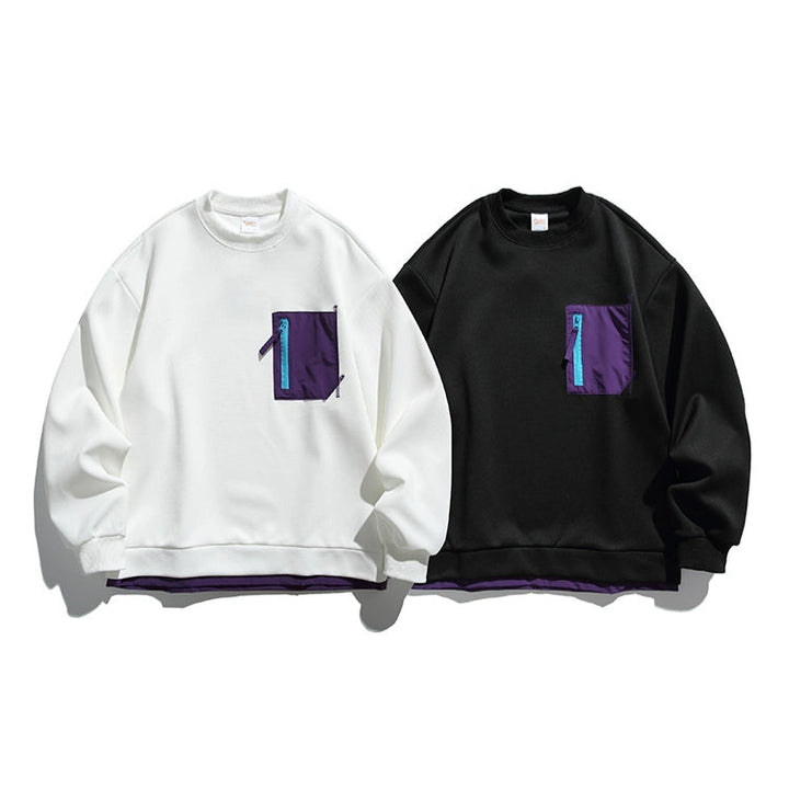 Waffle Knit Zipper Pocket Crewneck Sweatshirt