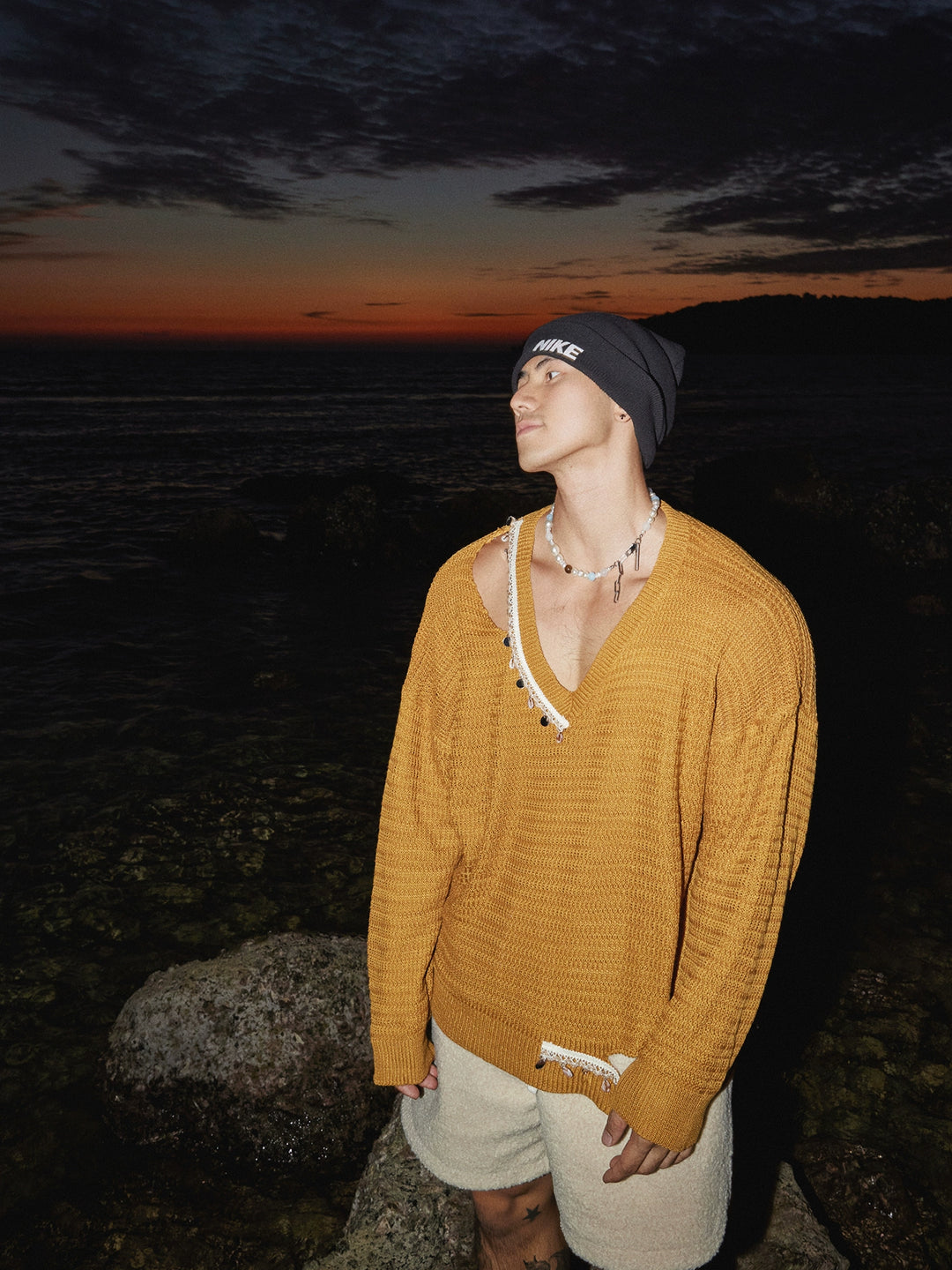 Shell Detail V-Neck Knit Sweater
