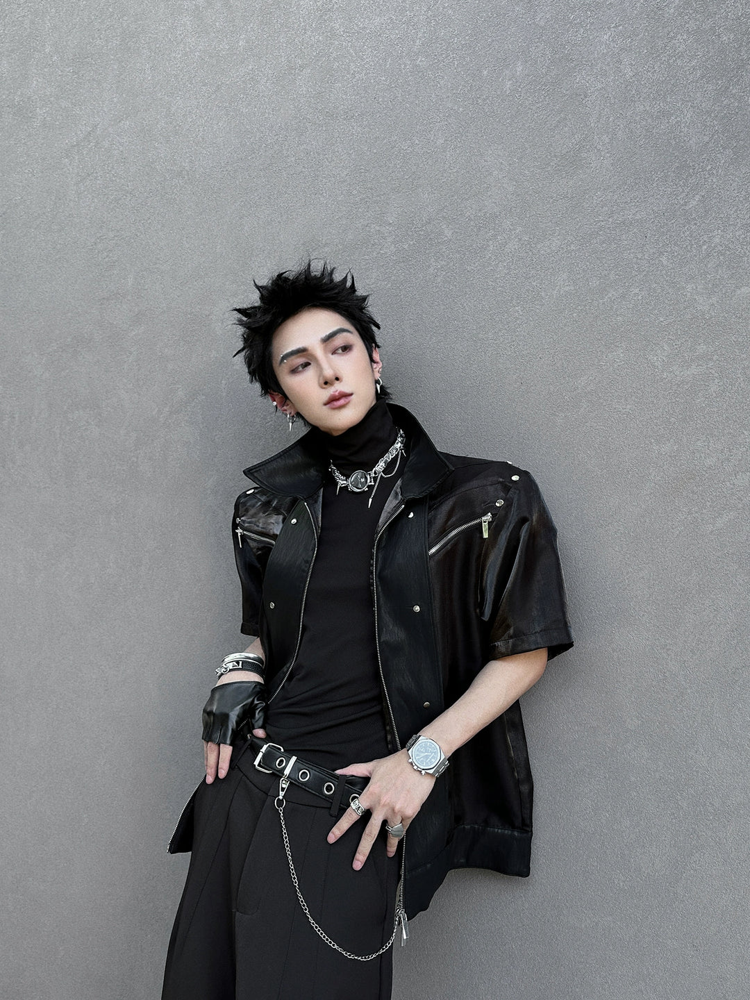 Short Sleeve Lapel Zipper Street Jacket