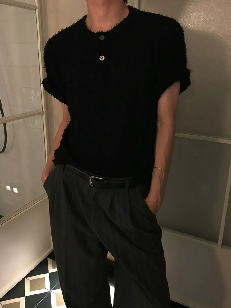 Rice Powder Yarn Henley Short Sleeve Pullover