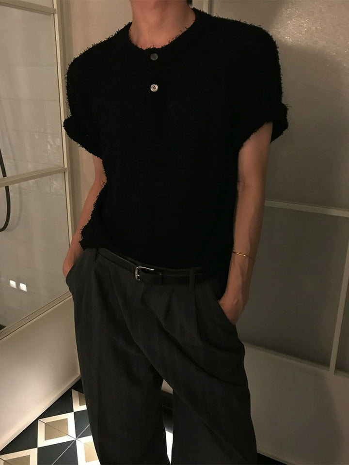 Rice Powder Yarn Henley Short Sleeve Pullover