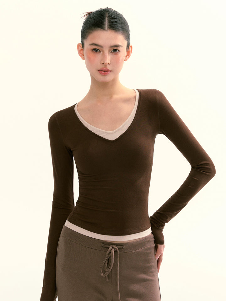 V-neck Long Sleeve Layered T-shirt