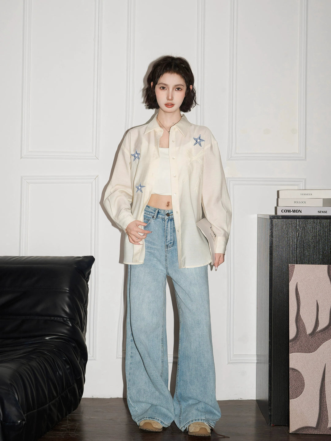 Embroidered Star Long Sleeve Shirt Jacket
