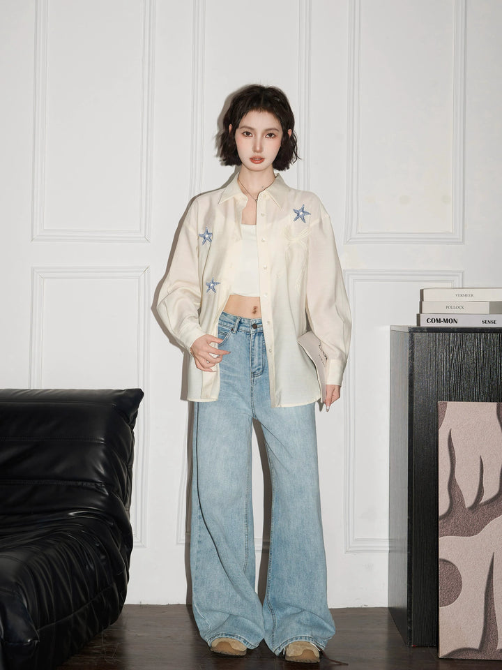 Embroidered Star Long Sleeve Shirt Jacket