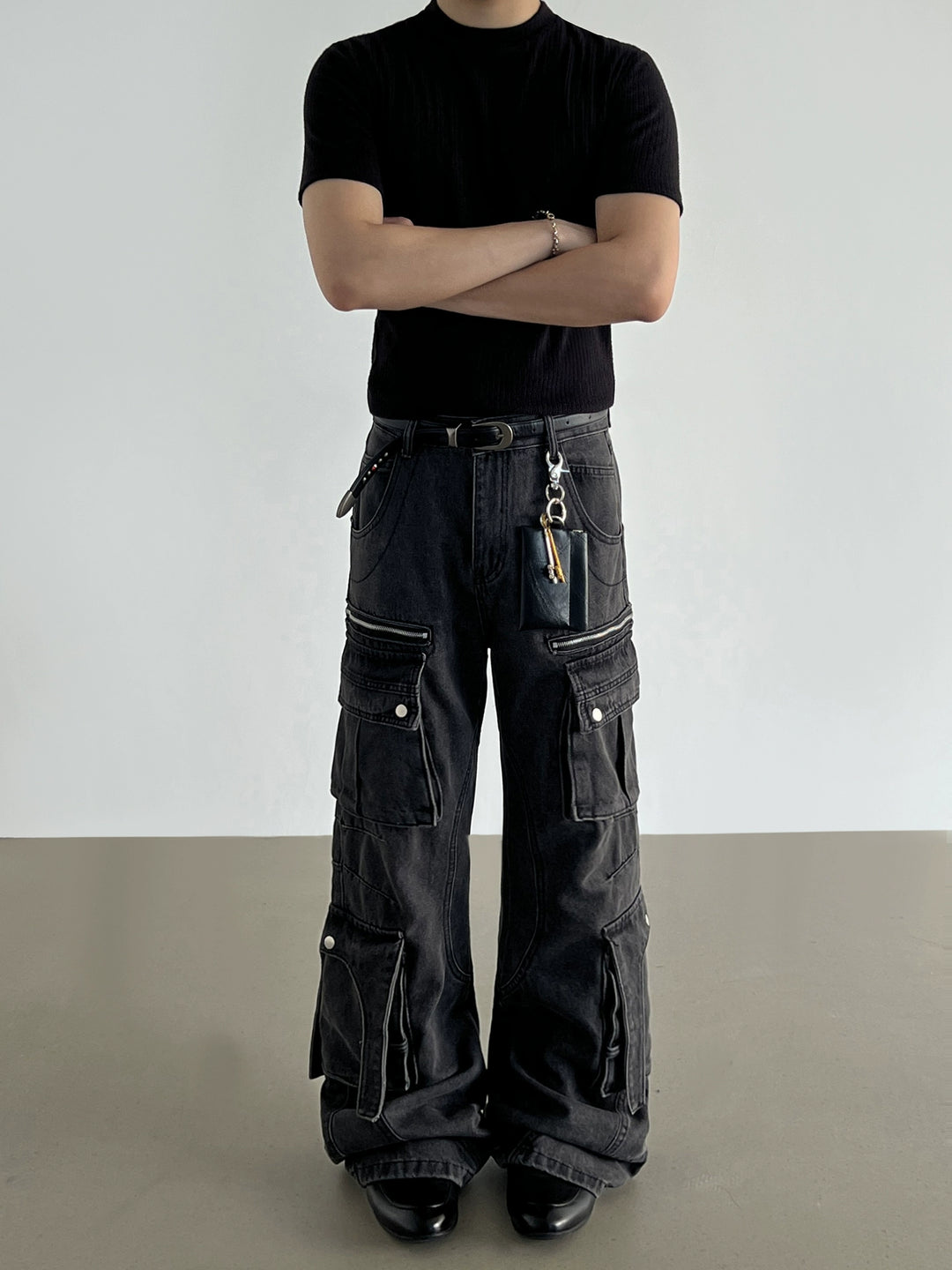 Denim Weite Beinform Mehrfachtaschen Cargo-Hose