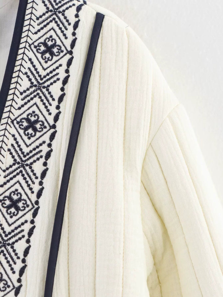 刺繍入りオープンフロントキルティングカーディガンジャケット