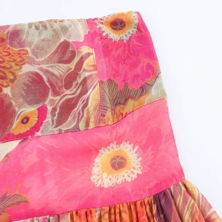 فستان ماكسي بدون حمالات مزخرف بطبعة زهور