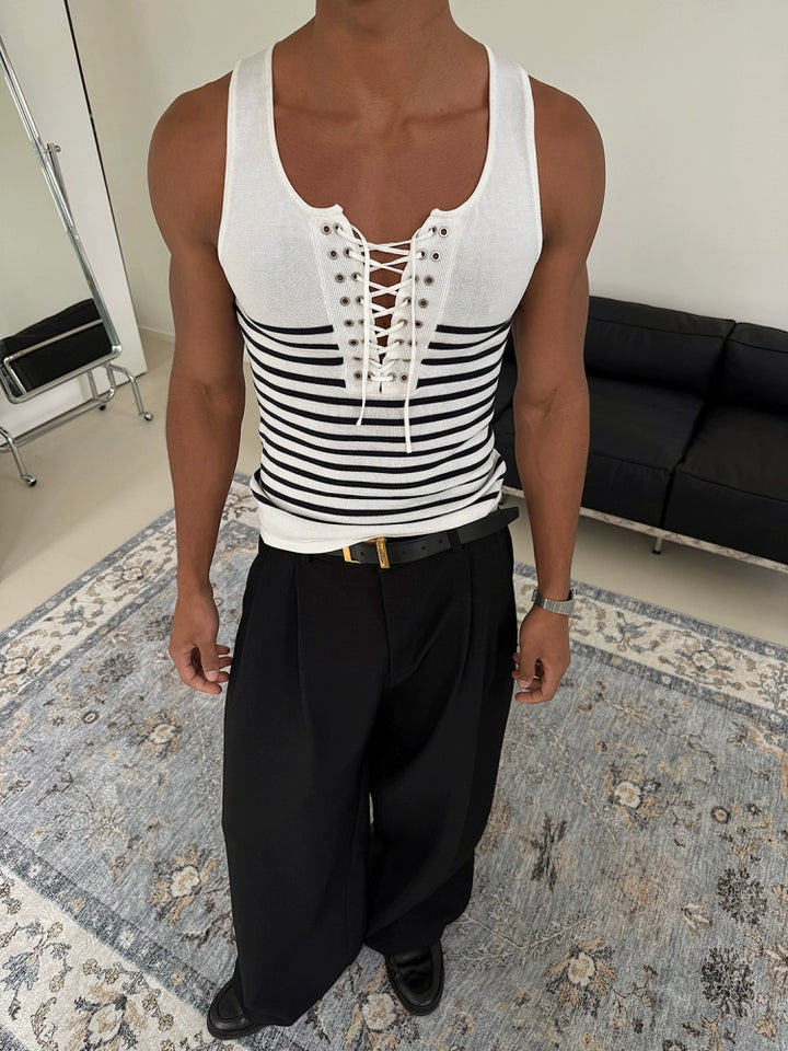 Striped Lace-Up V-Neck Knit Vest