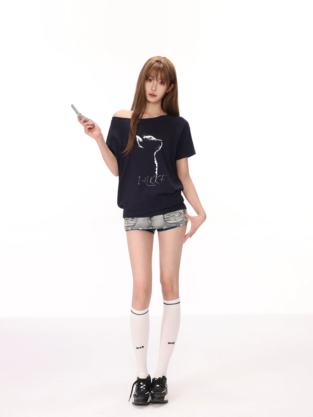 Off-Shoulder Cat Print Casual Top