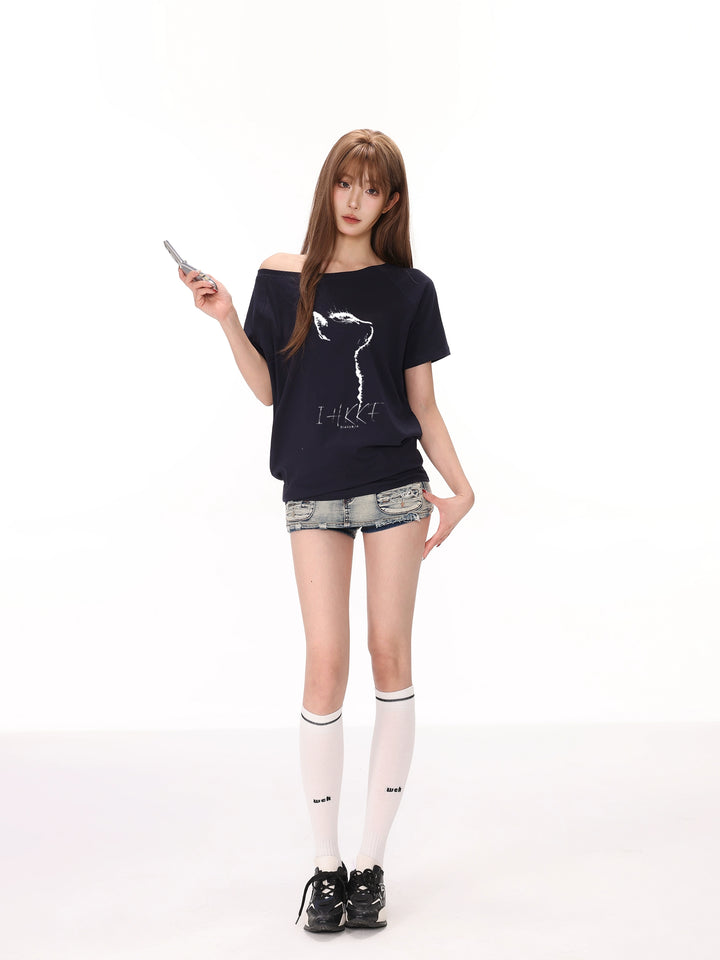 Off-Shoulder Cat Print Casual Top