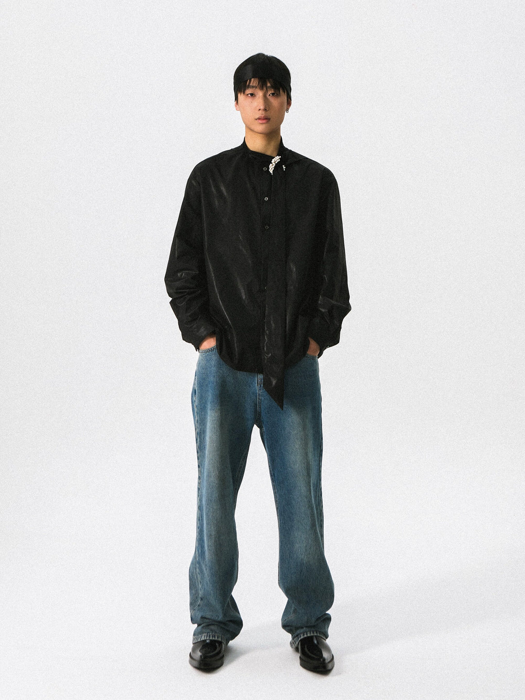 Pearl Detail Ribbon Accent Formal Shirt