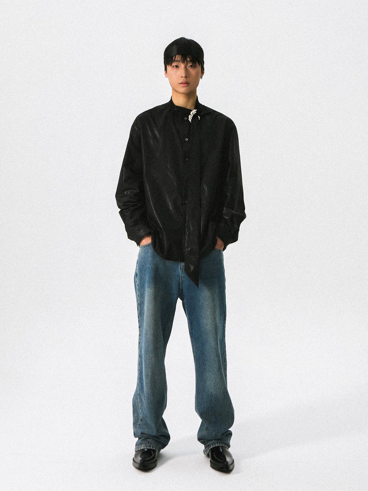 Pearl Detail Ribbon Accent Formal Shirt