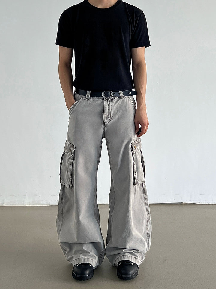 Distressed Wide-Leg Multi-Pocket Cargo Pants