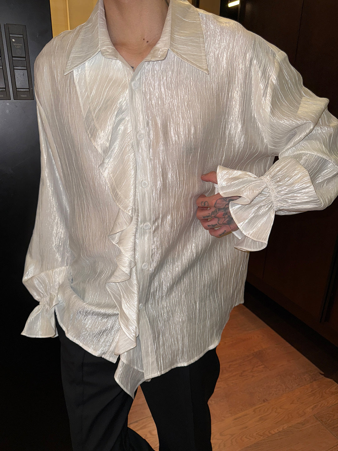 Textured Long Sleeve Ruffled Shirt