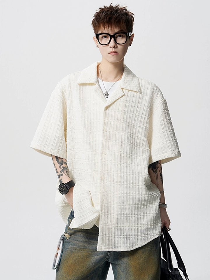 Cuban Collar Textured Short Sleeve Shirt