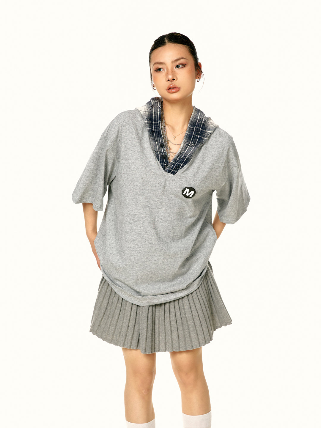 Retro Plaid Hooded Short-Sleeve Top