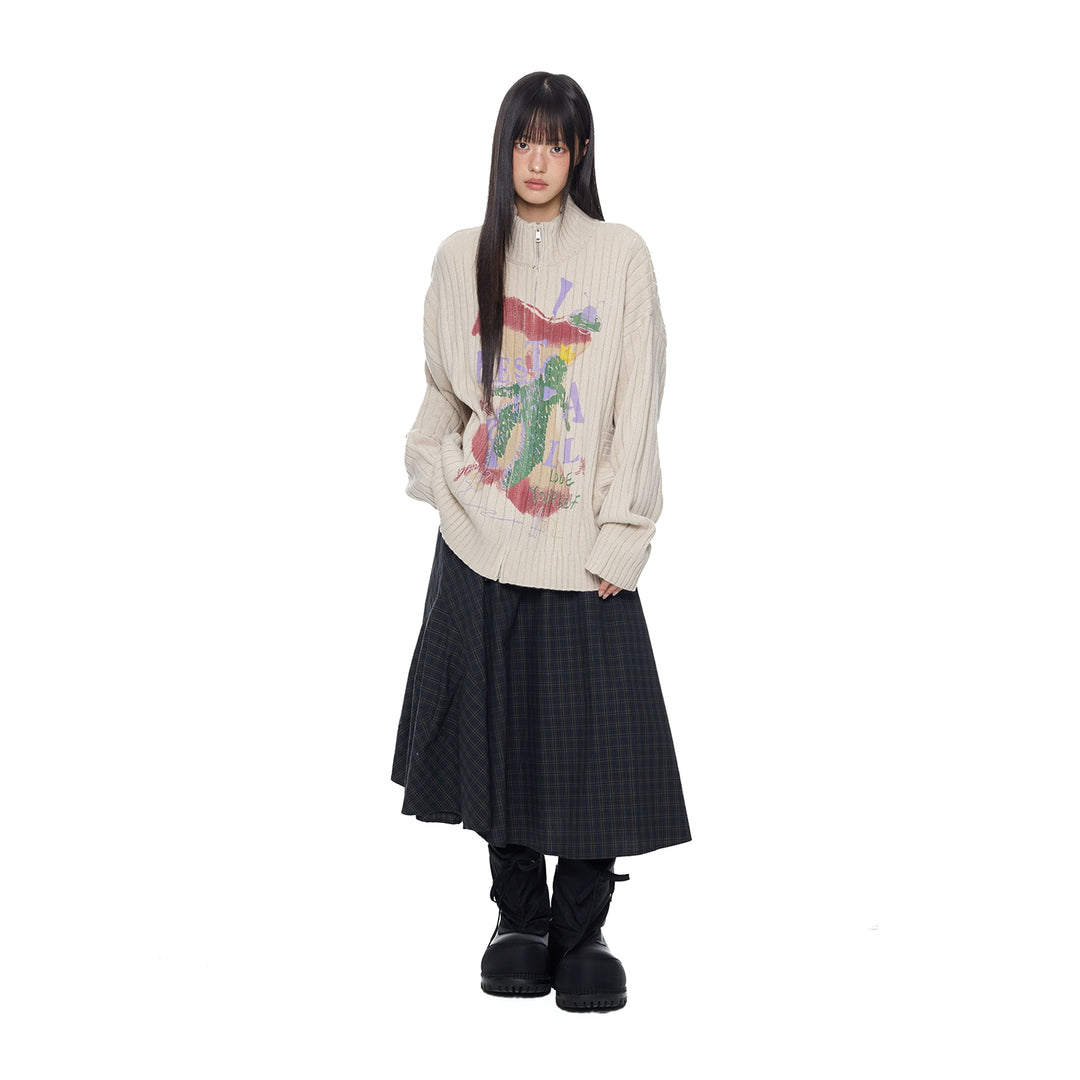 Letter Print Knitted Zip Sweater