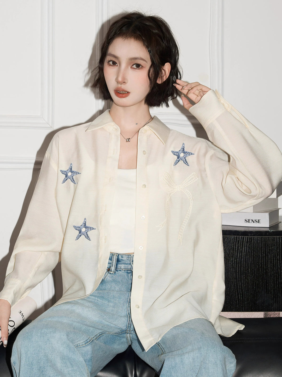 Embroidered Star Long Sleeve Shirt Jacket
