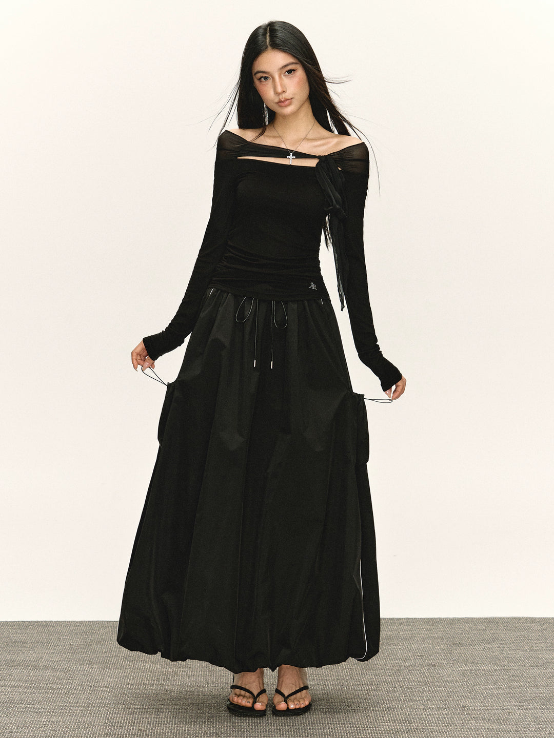 Retro Drawstring Maxi Skirt with Pockets