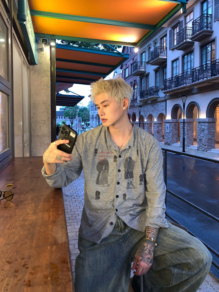 Camisa de cárdigan de manga larga impresa de lyocell