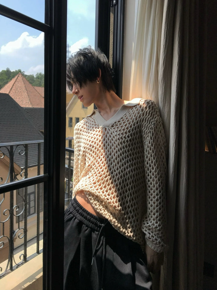 Hollow Knit V-Neck Long Sleeve Polo Shirt