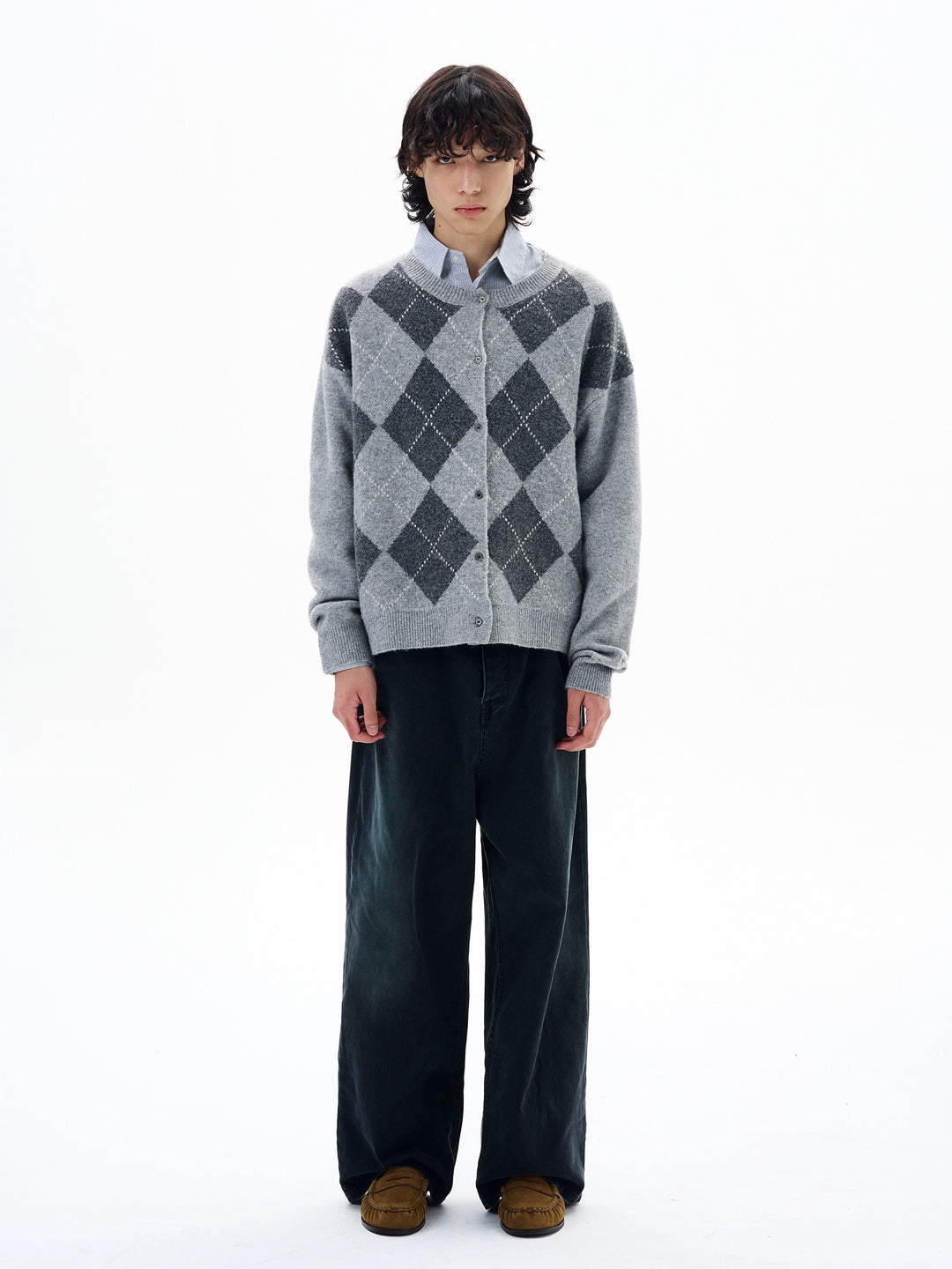 Cardigan de Tricô Argyle Estilo Universitário