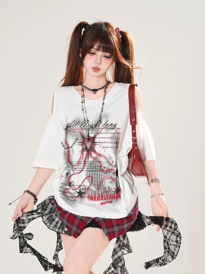 Cut Out Shoulder Plaid Graphic T-Shirt