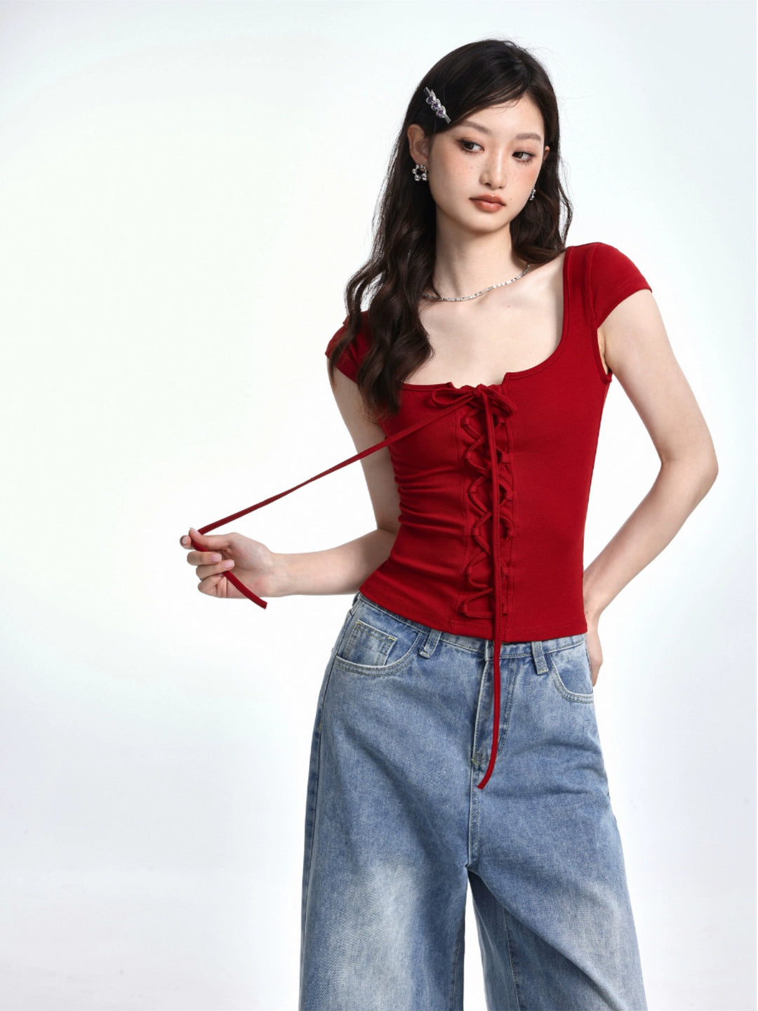 Strappy Lace-Up Short Sleeve Top