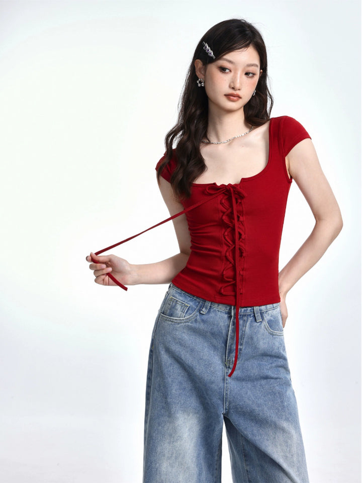 Strappy Lace-Up Short Sleeve Top