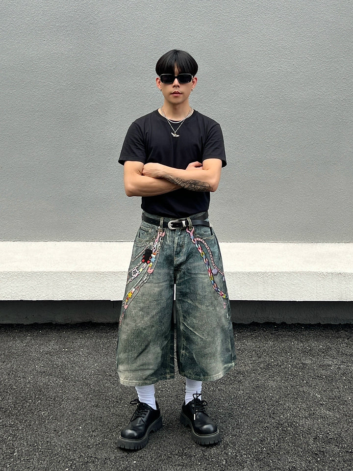 Digital Print Distressed Wide-Leg Pants