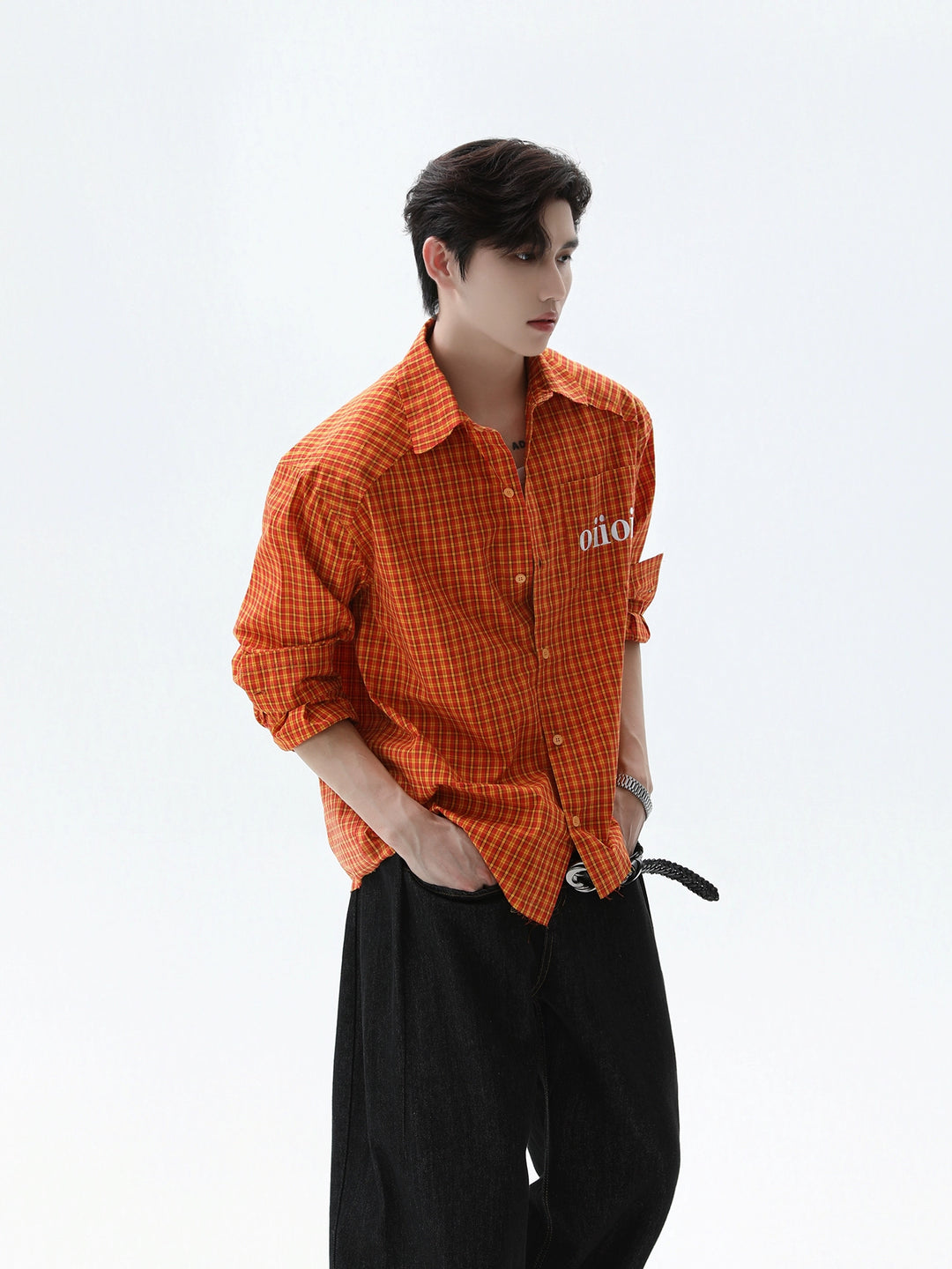 Geruite Lapel Shirt Rauwe Rand Ontwerp