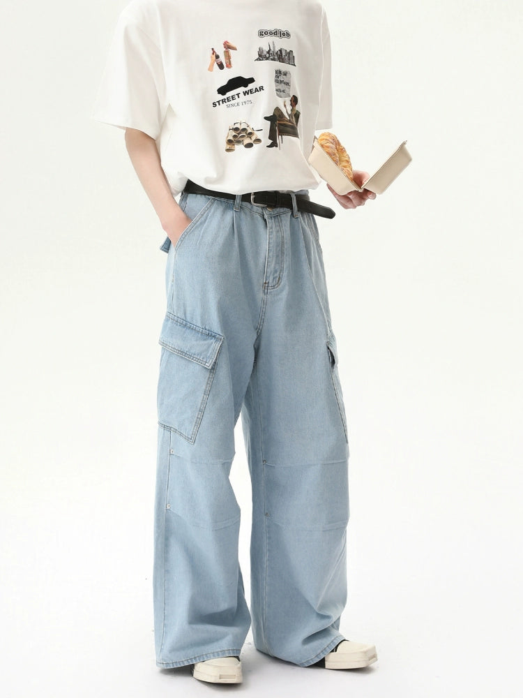 Gestreepte Geplooide Riem Dubbele Zak Jeans