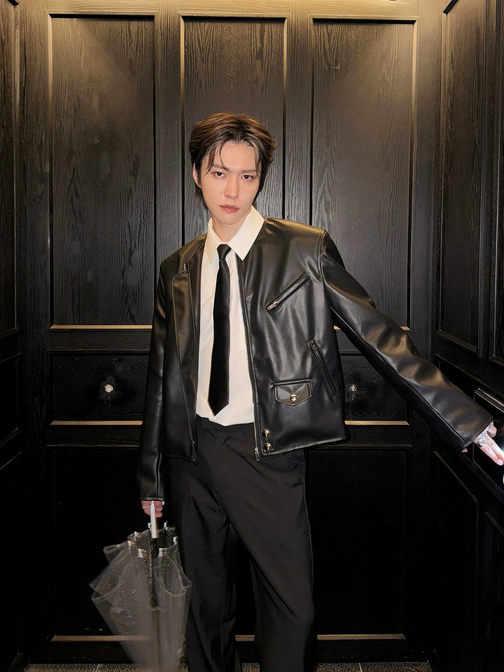 Zipper Motorcycle Short Leather Jacket