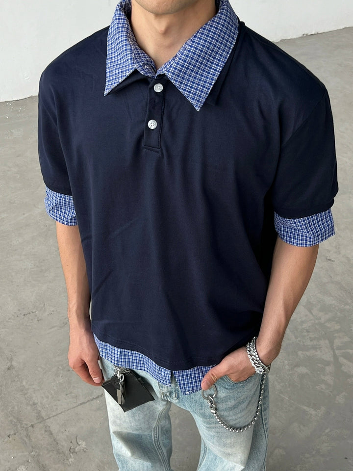 Plaid Collar Splice Short Sleeve Polo Shirt