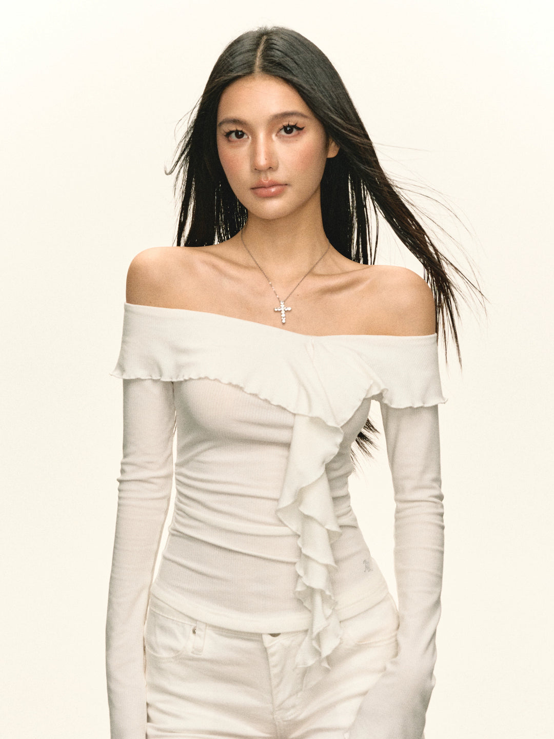 Off Shoulder Ruffled Long Sleeve Top