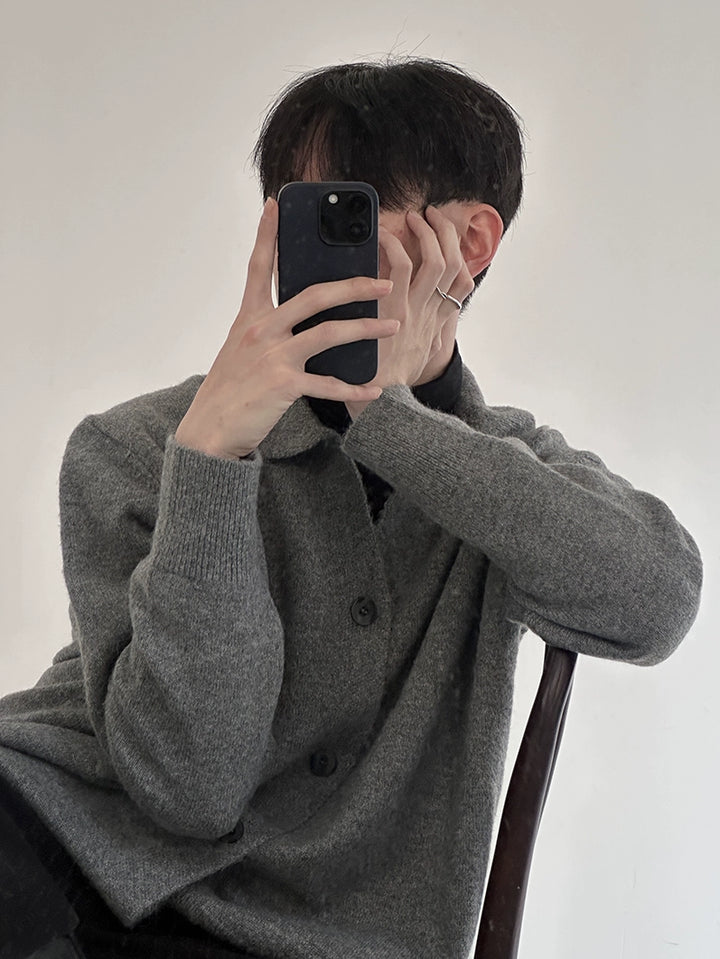 Lapel Button-Up Knit Cardigan Sweater